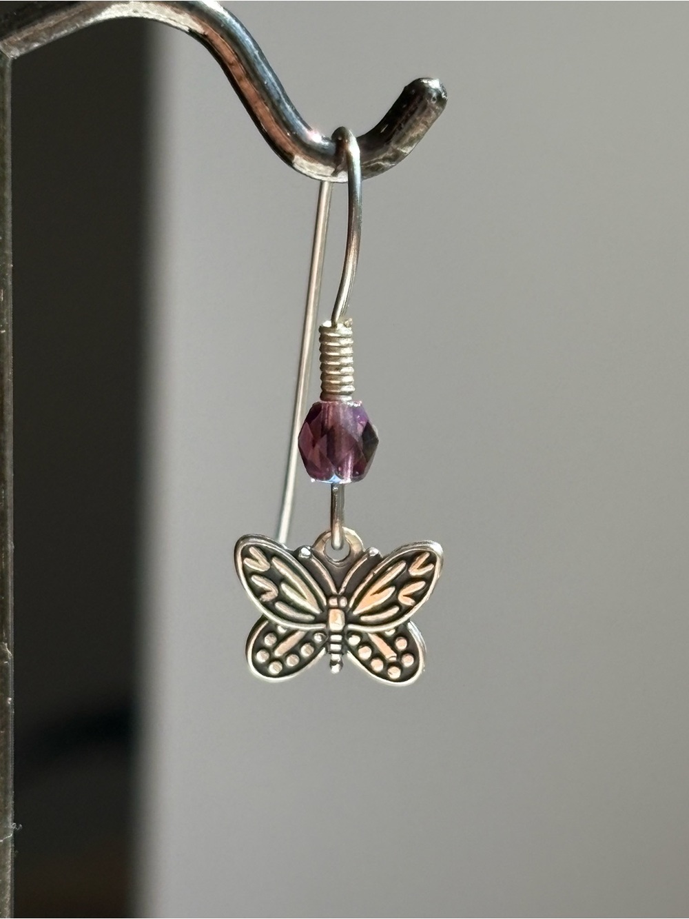 Vintage Wheeler Sterling Silver Butterfly Dangle Earrings Garnet Bead Stamped